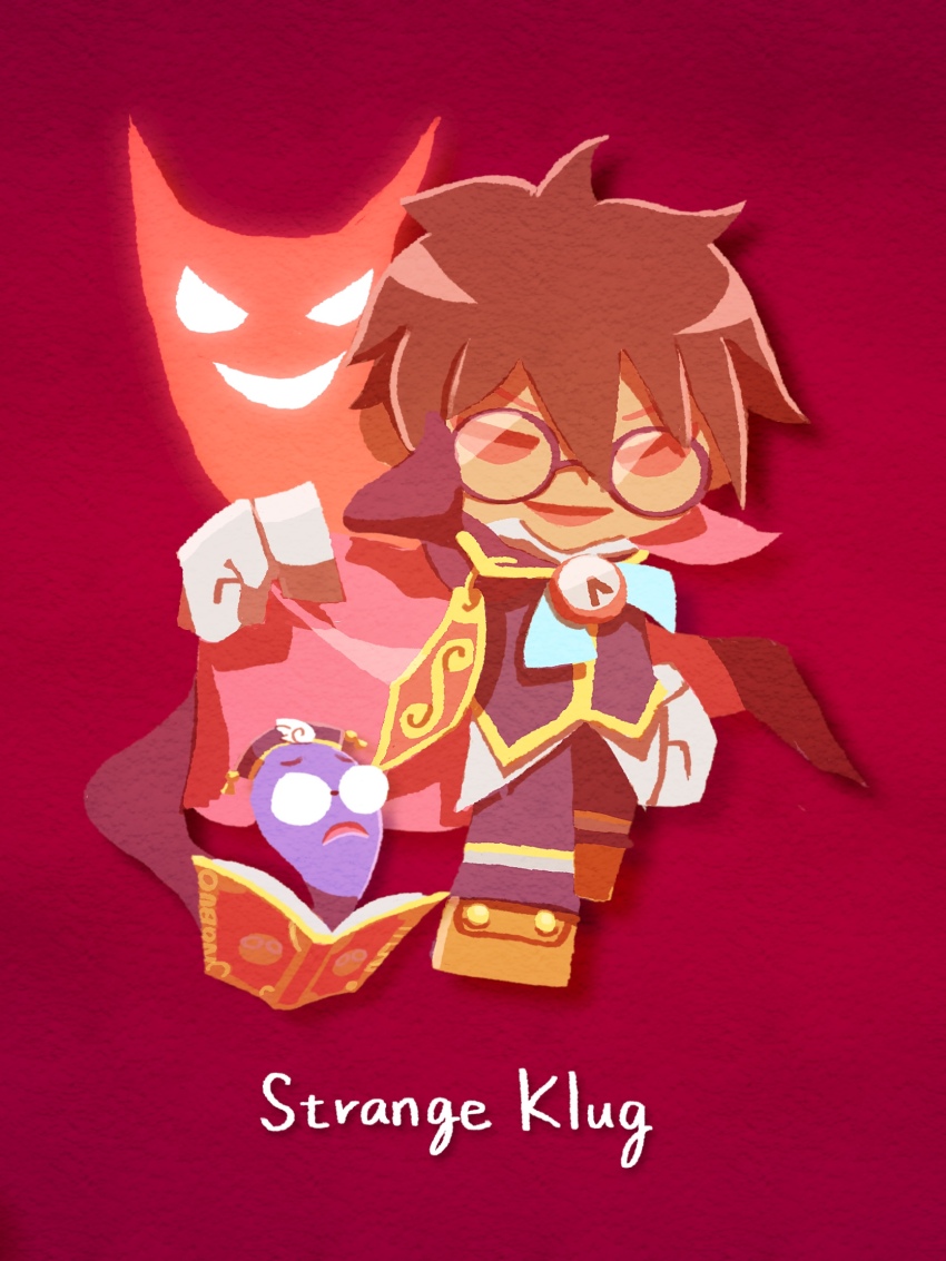 1boy book brown_hair cape character_name chibi clock flat_color glasses gloves highres holding holding_unworn_cape holding_unworn_clothes klug_(puyopuyo) male_focus nobuo_eaka2724 open_mouth orange_shoes pants purple-framed_eyewear purple_pants purple_vest puyopuyo puyopuyo_fever rayman_limbs red_background red_cape red_eyes red_theme round_eyewear shirt shoes short_hair simple_background strange_klug unworn_cape vest white_gloves white_shirt yellow_trim