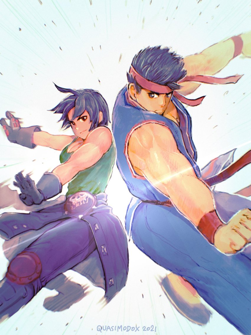 1boy 1girl back-to-back bajiquan_(martial_arts) biker_clothes black_gloves black_hair boots breasts capcom clothes_around_waist commentary_request crossover dougi flats gloves green_tank_top headband height_difference highres jacket jacket_around_waist justice_gakuen kazama_akira kung_fu leather leather_jacket leather_pants martial_arts medium_breasts muscular muscular_female muscular_male name_connection pants power_connection quasimodox red_headband sega sleeveless street_fighter street_fighter_v tank_top tetsuzankou virtua_fighter yuki_akira