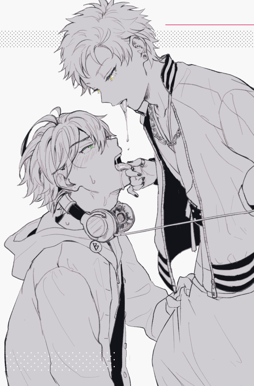 2boys ahoge badge belt blush button_badge chain chain_necklace clothes_grab collarbone cowboy_shot drooling ear_blush eye_contact eyelashes furrowed_brow green_eyes hair_between_eyes hand_in_pocket harai_kuko harem_pants headphones headphones_around_neck heterochromia highres hunched_over hypnosis_mic jacket jacket_over_hoodie japanese_clothes jewelry kimono kneeling looking_at_another looking_down looking_up male_focus multiple_boys multiple_piercings nail_polish nbnekochan necklace pants piercing_hole plug_(piercing) red_eyes saliva_swap short_hair simple_background spiked_hair spot_color studded_belt sukajan sweat thumb_ring tongue tongue_grab unzipped upper_body very_short_hair yamada_ichiro yaoi