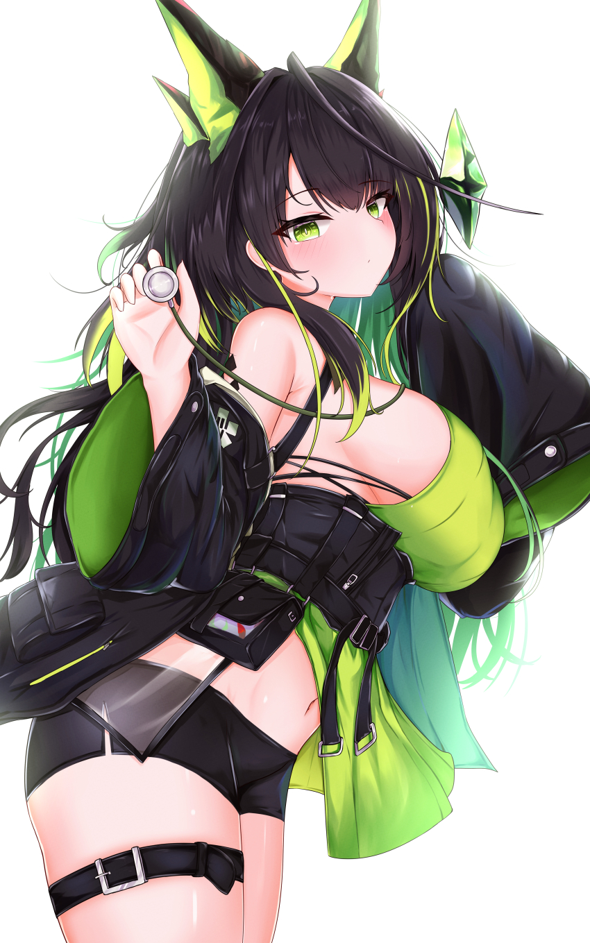 1girl absurdres arknights bare_shoulders black_coat black_hair black_shorts blush breasts closed_mouth clothes_lift clothes_pull coat dress dress_lift from_side green_dress green_eyes green_hair hand_up highres jacket jacket_pull large_breasts leaning_forward long_hair looking_at_viewer looking_back material_growth medium_breasts micro_shorts midriff min1910 mon3tr_(arknights) multicolored_hair navel no_bra open_clothes open_coat oripathy_lesion_(arknights) short_dress shorts sideboob slit_pupils solo standing thigh_strap thighs two-tone_hair upskirt very_long_hair wide_sleeves