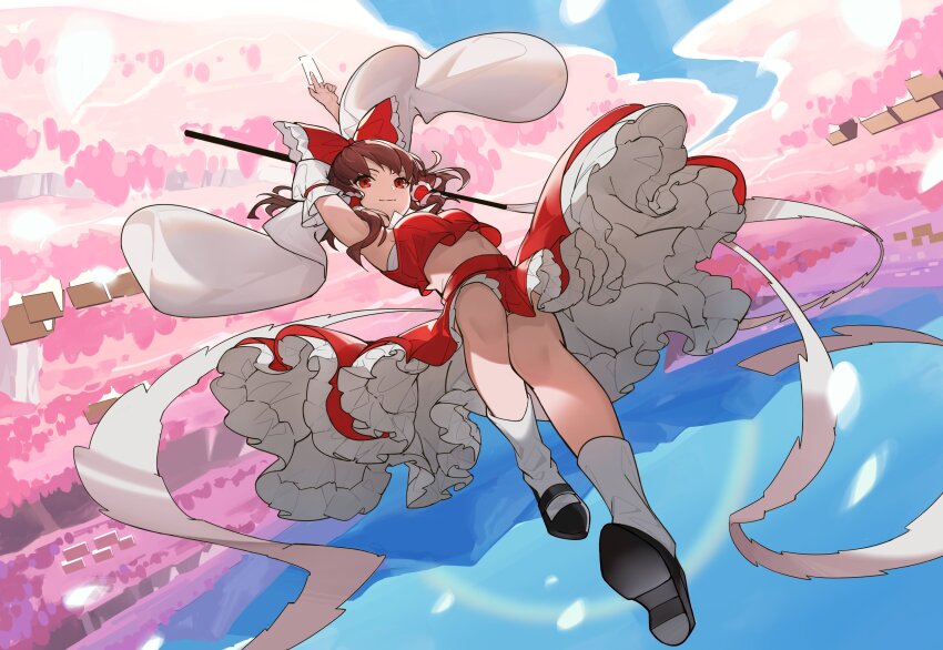 1girl absurdres arms_up black_shoes breasts brown_hair cherry_blossoms chest_sarashi closed_mouth commentary_request detached_sleeves devilkillerx flying frilled_hair_tubes frilled_skirt frills full_body gohei hair_tubes hakurei_reimu happy highres holding holding_gohei holding_ofuda legs long_sleeves mary_janes medium_hair midriff outdoors red_eyes red_shirt red_skirt sarashi shirt shoe_soles shoes skirt sleeveless sleeveless_shirt small_breasts smile socks solo touhou white_sleeves white_socks wide_sleeves