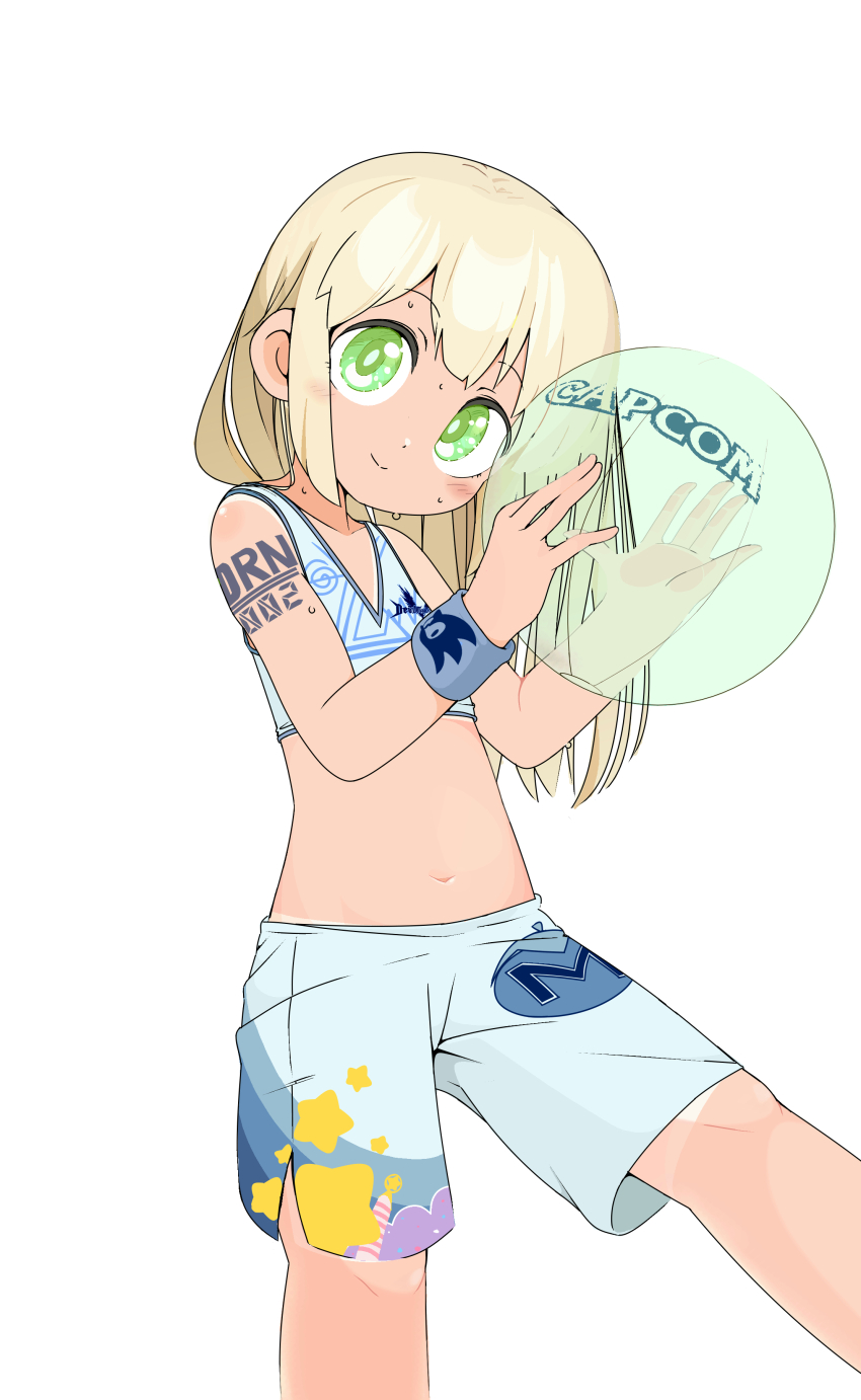 1girl absurdres alternate_costume alternate_hairstyle arm_tattoo ball beachball bikini bikini_shorts bikini_tan blonde_hair blue_bow blue_eyes blush bow capcom closed_mouth devil_may_cry_(series) flat_chest hair_bow hair_down head_tilt highres holding holding_ball kirby_(series) logo loli long_hair male_swimwear maxim_tomato mega_man_(classic) mega_man_(series) navel nintendo number_tattoo ponytail print_male_swimwear roll_(mega_man) shorts slyger_ex smile solo sonic_(series) standing standing_on_one_leg stomach swim_trunks swimsuit tan tanline tattoo underwear wristband