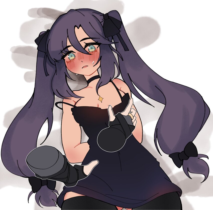 1girl aqua_eyes armor arms_behind_back bare_shoulders black_bow black_bridal_gauntlets black_choker black_dress black_thighhighs blunt_bangs blush bow breasts bridal_gauntlets choker cleavage closed_mouth disembodied_hand dress genshin_impact gluteal_fold gold_ring grabbing_another&#039;s_breast groping hair_between_eyes hair_bow hair_intakes hand_on_another&#039;s_hip hetero highres japanese_armor kote koviiy kurokote long_hair looking_at_viewer lying middle_ring mona_(genshin_impact) on_back purple_hair red_lips scaramouche_(genshin_impact) sidelocks strap_slip sweat thighhighs torso_grab twintails wanderer_(genshin_impact) white_background