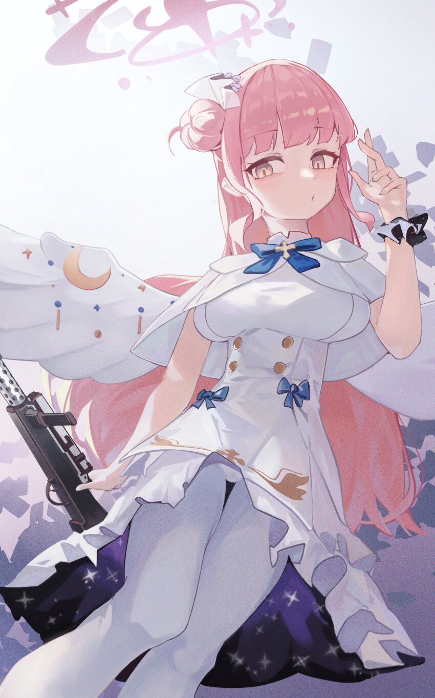 1girl absurdres angel_wings black_scrunchie blue_archive blue_bow blue_bowtie bow bowtie breasts dress feathered_wings gradient_halo gun hair_bun hair_ornament halo highres holding holding_gun holding_weapon jun_daniell lanchester_smg large_breasts long_hair looking_at_viewer mika_(blue_archive) multicolored_halo pantyhose pink_hair pink_halo scrunchie single_side_bun solo submachine_gun very_long_hair weapon white_dress white_pantyhose white_wings wing_ornament wings wrist_cuffs wrist_scrunchie