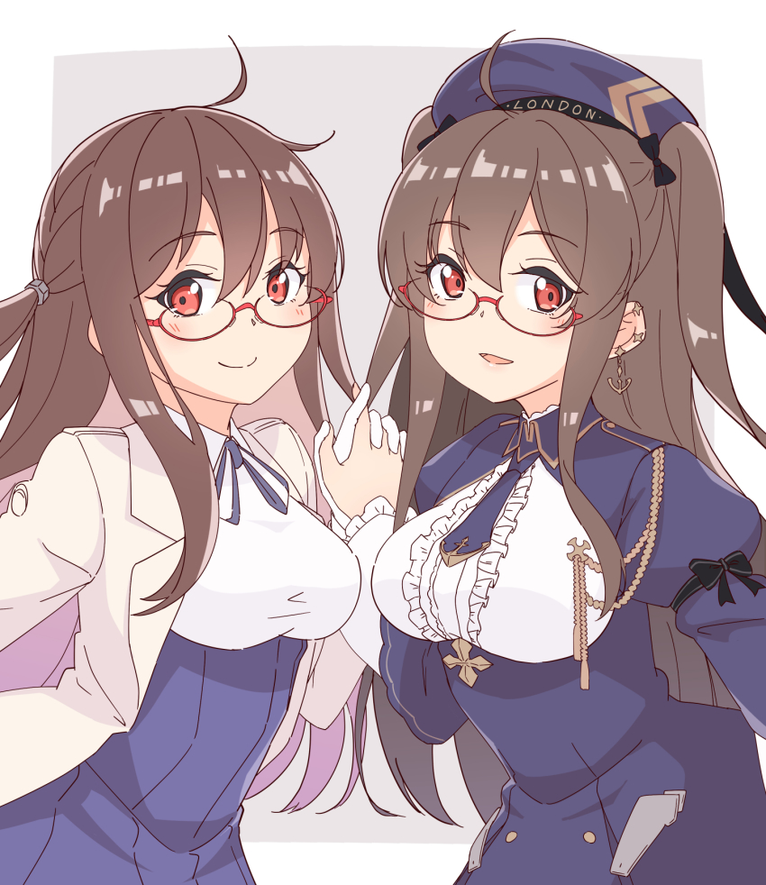 2girls anchor_earrings azur_lane beret breast_cutout breasts brown_hair center_frills character_name clone dress earrings frills gloves hat highres jacket jewelry london_(azur_lane) london_(retrofit)_(azur_lane) long_hair looking_at_viewer medium_breasts multiple_girls open_clothes open_jacket puffy_sleeves purple_dress purple_headwear red-framed_eyewear red_eyes retrofit_(azur_lane) semi-rimless_eyewear shirt sleeveless sleeveless_shirt smile upper_body white_gloves white_shirt yuki_shizuku