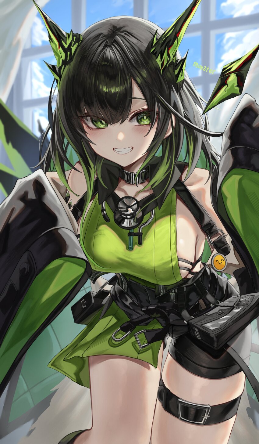 1girl :d absurdres animal_ears arknights bare_shoulders belt belt_pouch black_coat black_hair black_shorts blush breasts cat_ears coat collar collarbone dress fake_animal_ears gradient_hair green_dress green_eyes green_hair grin highres indoors large_breasts long_hair long_sleeves looking_at_viewer mon3tr_(arknights) multicolored_hair numnumhan_ningen off_shoulder open_clothes open_coat open_mouth parted_lips pouch see-through_clothes shorts sideboob sleeves_past_fingers sleeves_past_wrists smile solo stethoscope_around_neck thigh_gap thigh_strap wide_sleeves window