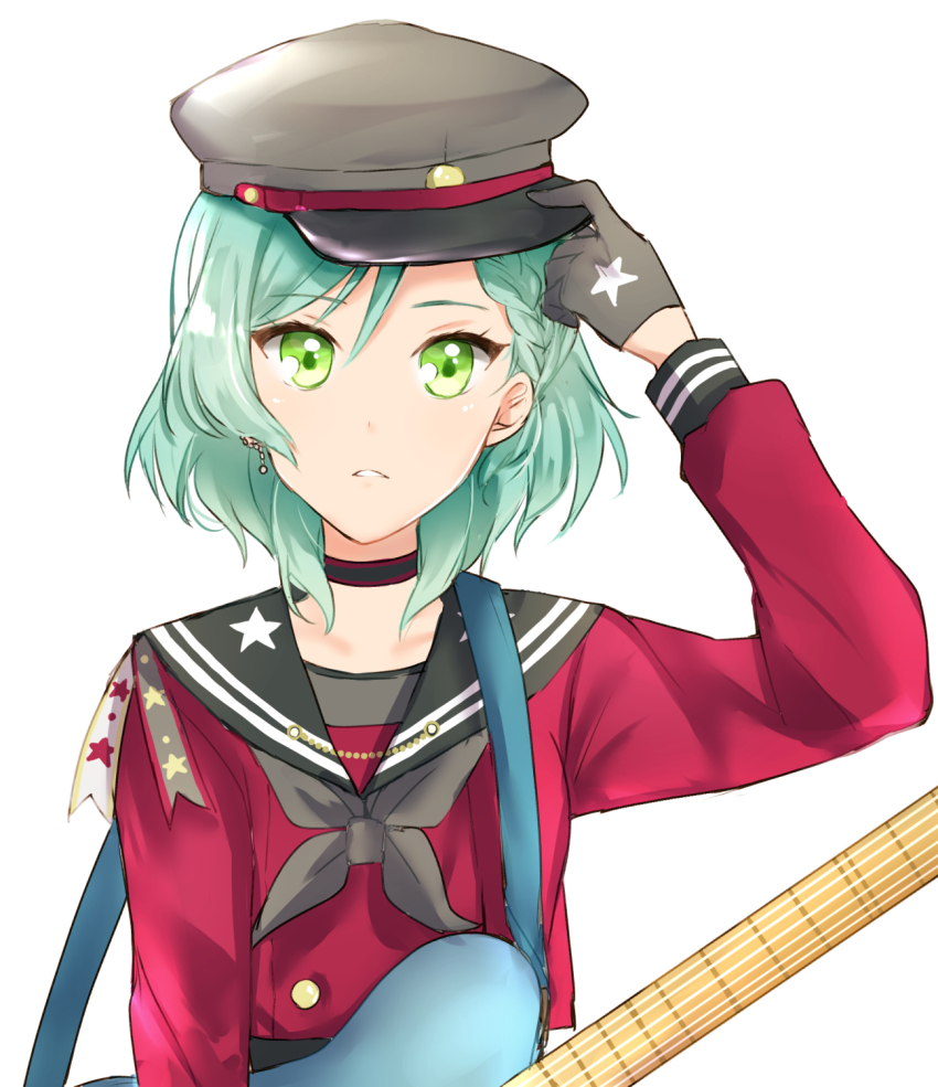 1girl adjusting_clothes adjusting_headwear aqua_hair bang_dream! black_choker black_gloves black_hat black_neckerchief black_sailor_collar braid choker cosplay earrings electric_guitar female_focus gloves green_eyes guitar hat highres hikawa_hina instrument jewelry komachi_narota long_sleeves looking_at_viewer lost_one_no_goukoku_(vocaloid) neckerchief parted_lips print_gloves print_ribbon red_shirt ribbon sailor_collar shirt short_hair shoulder_ribbon side_braid simple_background solo star_(symbol) star_print upper_body vocaloid white_background