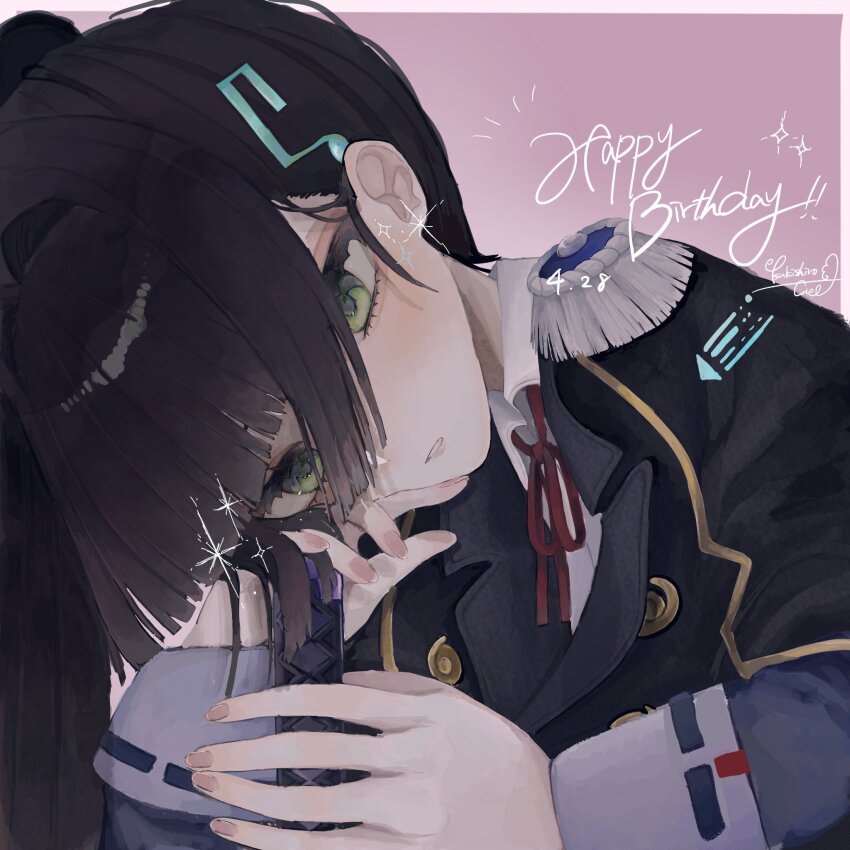 1girl black_hair blunt_bangs epaulettes green_eyes heaven_burns_red highres long_hair natsume_inori neck_ribbon ponytail portrait ribbon shirt solo teeth tsukishiro_ciel weapon white_shirt