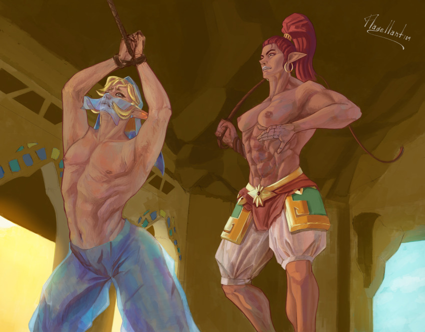 1boy 1girl abs absurdres bdsm big_nose blonde_hair bondage bondage_male bound breasts dark_skin ear_piercing earrings elf femdom flagellant189 gerudo gerudo_set_(zelda) girly_boy gold highres jewelry link long_nose mask masked medium_breasts mouth_mask muscular muscular_female nintendo nipples nude piercing pointy_ears red_hair size_difference the_legend_of_zelda the_legend_of_zelda:_breath_of_the_wild trap whip whipping white_lips