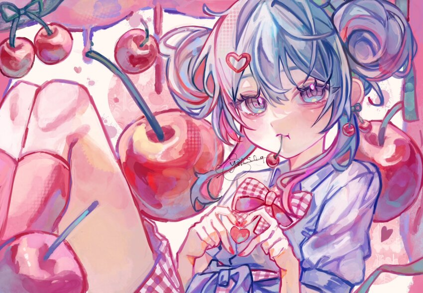 1girl :t aegyo_sal blue_eyes blue_hair bow bowtie breasts cherry cherry_earrings cherry_pop_(vocaloid) closed_mouth collared_shirt commentary_request double-parted_bangs double_bun earrings eating feet_out_of_frame food food-themed_earrings food_themed_earrings fruit hair_between_eyes hair_bun hair_ornament halftone hands_up hatsune_miku heart heart_hair_ornament heart_hands heart_in_heart_hands highres jewelry kneehighs knees_up looking_at_viewer miniskirt mouth_hold multicolored_hair nail_polish pink_socks plaid_bow plaid_bowtie plaid_clothes plaid_skirt pleated_skirt puffy_short_sleeves puffy_sleeves red_bow red_bowtie red_hair red_nails red_skirt shirt short_hair_with_long_locks short_sleeves sidelocks simple_background sitting skirt small_breasts socks solo streaked_hair twitter_username two-tone_bow two-tone_bowtie two-tone_hair two-tone_skirt vocaloid wavy_mouth white_background white_bow white_bowtie white_shirt white_skirt yena_s