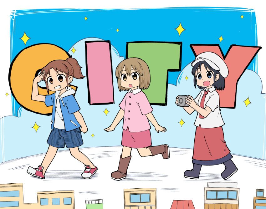 3girls :o ayumu_niikura black_hair black_shoes blonde_hair blue_eyes blue_hoodie blue_shorts boots brown_boots brown_eyes buttons camera city_(arawi_keiichi) collared_shirt commentary copyright_name english_commentary hat highres holding holding_camera hood hood_down hoodie izumi_wako leg_up medium_hair multiple_girls nagumo_midori necktie open_clothes open_hoodie open_mouth pink_shirt pink_skirt ponytail red_necktie red_shoes red_skirt salute shinkai_kokoa shirt shoes short_hair shorts sidelocks skirt smile sparkle teeth walking white_hat white_shirt yellow_eyes