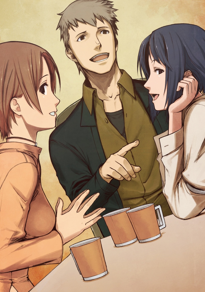black_hair chuuou_higashiguchi cup highres laughing nitroplus non-web_source pointing saya_no_uta smile takahata_oumi tonoo_kouji tsukuba_you