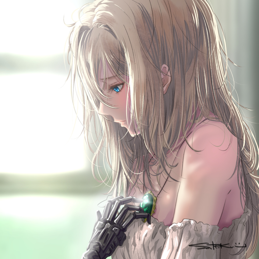 1girl bare_shoulders blonde_hair blue_eyes dress from_side hair_intakes highres jewelry kirin_13 messy_hair necklace profile prosthesis prosthetic_hand signature solo strapless strapless_dress upper_body violet_evergarden violet_evergarden_(series) white_dress