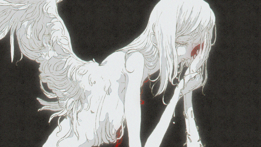 1girl alternate_body_fluid black_background body_horror bossmonsterbani breasts closed_eyes crying eye_injury greyscale highres holding_limb horror_(theme) injury maggot medium_hair missing_limb monochrome original parted_lips red_ribbon ribbon severed_arm severed_limb small_breasts solo spot_color teeth water_drop wings worm