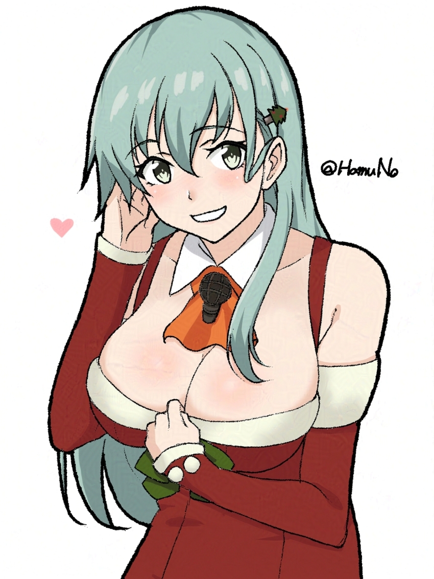 1girl aqua_hair ascot breasts bridal_gauntlets christmas_tree_hair_ornament cleavage detached_sleeves dress fur-trimmed_dress fur-trimmed_sleeves fur_trim green_eyes grin hair_ornament hairclip hamuno highres kantai_collection long_hair one-hour_drawing_challenge orange_ascot red_dress simple_background smile solo suzuya_(christmas)_(kancolle) suzuya_(kancolle) upper_body white_background
