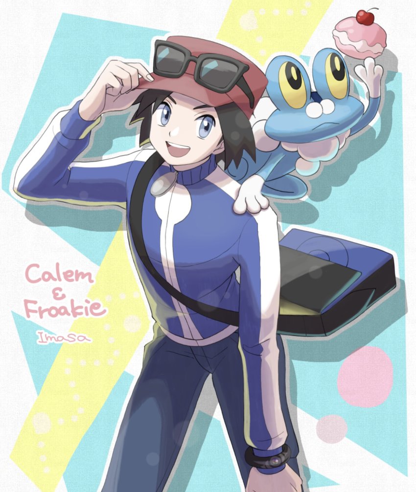 1boy :d artist_name bag black-framed_eyewear black_bag black_hair blue_eyes blue_jacket calem_(pokemon) character_name commentary_request eyewear_on_headwear froakie gen_6_pokemon hand_on_headwear hat highres im_i_masa jacket leaning_forward long_sleeves male_focus mega_ring messenger_bag nintendo on_shoulder open_mouth pokemon pokemon_(creature) pokemon_on_shoulder pokemon_xy red_headwear short_hair shoulder_bag skinny_jeans smile sunglasses teeth tongue turtleneck turtleneck_jacket upper_teeth_only
