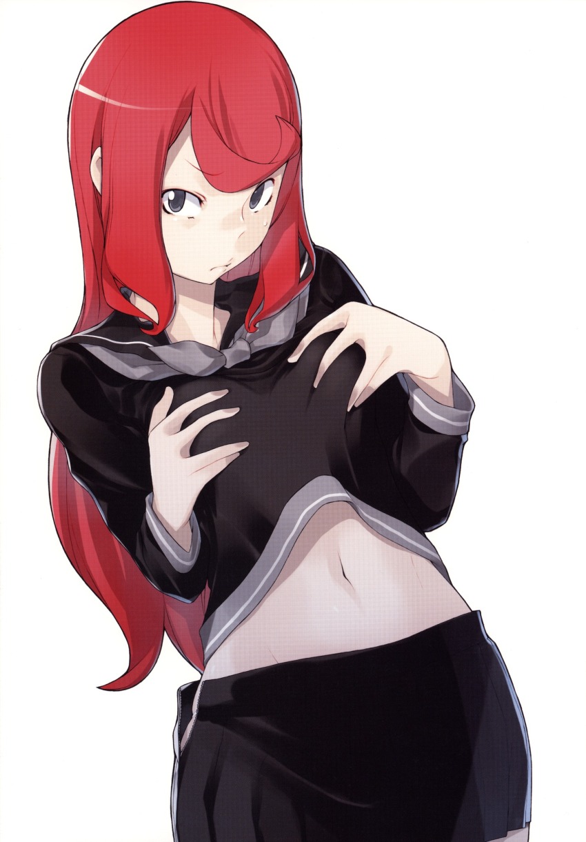 1girl clothes_lift devil_survivor_(series) devil_survivor_2 highres looking_at_viewer navel official_art red_hair shorts simple_background source_request tagme white_background yasuda_suzuhito