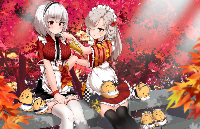 2girls absurdres apron artist_request autumn autumn_leaves azur_lane belchan_(azur_lane)_(cosplay) belfast_(azur_lane) belfast_(azur_lane)_(cosplay) black_legwear blush breasts commentary_request cosplay curacoa_(azur_lane) curacoa_(azur_lane)_(cosplay) curlew_(azur_lane) curlew_(azur_lane)_(cosplay) edinburgh_(azur_lane) edinburgh_(azur_lane)_(cosplay) frilled_apron frills grey_hair hair_between_eyes hair_over_one_eye hairband highres huge_filesize japanese_clothes kimono lace-trimmed_hairband lace_trim large_breasts leaf little_bel_(azur_lane) maid_apron maid_headdress manjuu_(azur_lane) multiple_girls newcastle_(azur_lane) newcastle_(azur_lane)_(cosplay) outdoors red_eyes sheffield_(azur_lane) short_hair short_sleeves sidelocks sirius_(azur_lane) sitting thighhighs waist_apron white_apron white_hair white_legwear wide_sleeves wrist_cuffs yellow_eyes