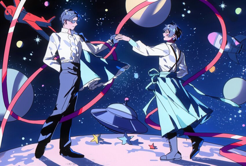 2boys aircraft airplane black_gloves black_hair black_pants black_shoes blue_hakama boots closed_mouth collared_shirt criss-cross_suspenders dress_shoes eyepatch full_body gloves hakama highres holding_hands japanese_clothes koshotengai_no_hashihime long_sleeves looking_at_another male_focus multiple_boys nallya official_alternate_costume official_alternate_hairstyle on_moon open_mouth pants planet professor_(koshotengai_no_hashihime) red_ribbon ribbon rocket_ship shirt shoes short_hair side_cape smile space spacecraft standing star_(sky) star_(symbol) suspenders tamamori_(koshotengai_no_hashihime) ufo white_shirt