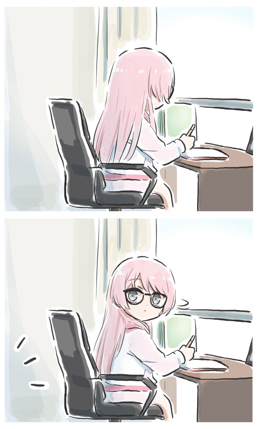 1girl bang_dream! bang_dream!_it&#039;s_mygo!!!!! chair chihaya_anon commentary desk glasses highres holding holding_pencil jacket long_hair lyy pencil pink_hair turning_head white_jacket