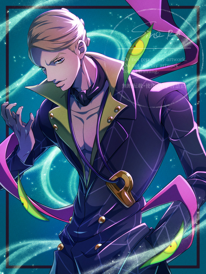 1boy absurdres black_jacket blonde_hair blue_eyes closed_mouth collarbone commentary_request eyelashes green_background hand_in_pocket highres jacket jewelry jojo_no_kimyou_na_bouken looking_at_viewer male_focus necklace pectoral_cleavage pectorals prosciutto short_hair solo stand_(jojo) the_grateful_dead_(stand) vento_aureo watawata_nr_(siroraku)