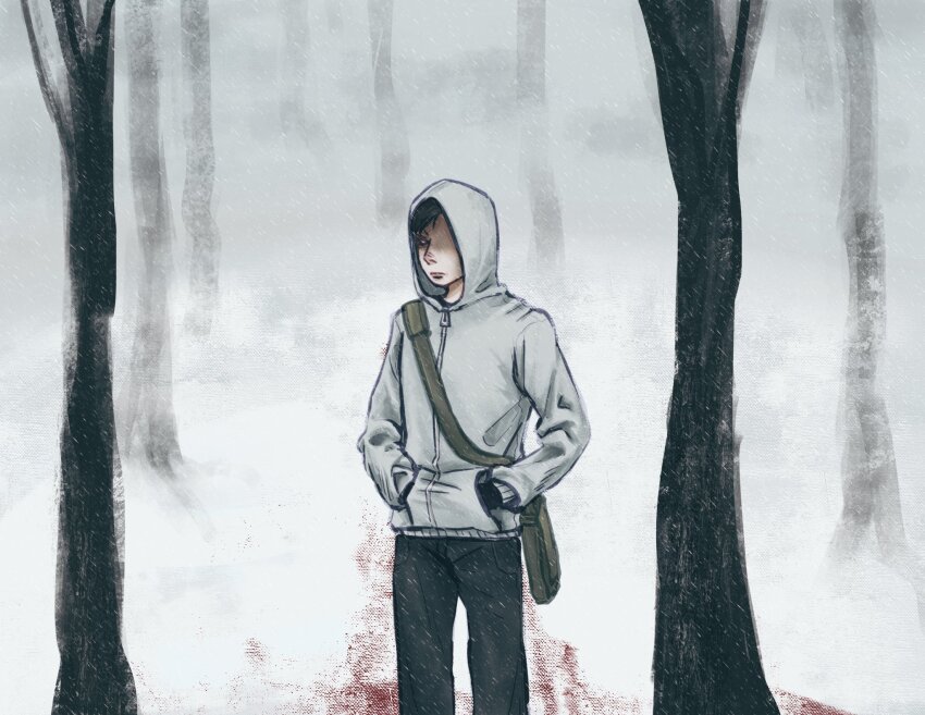 1boy :| bag bare_tree black_eyes black_gloves black_hair blood blood_stain canvas_texture closed_mouth cowboy_shot cry_of_fear explosivepuddin fog forest gloves hands_in_pockets highres hood hood_up hoodie limited_palette looking_at_viewer male_focus muted_color nature one_eye_covered shoulder_bag simon_henriksson solo tree white_hoodie winter