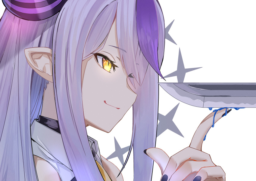 2girls absurdres blood blue_blood demon_girl demon_horns futoshi_tanaka grin highres hololive holox horns katana kazama_iroha la+_darknesss la+_darknesss_(1st_costume) long_hair looking_at_another multicolored_hair multiple_girls nail_polish pointy_ears purple_hair simple_background smile sword tail virtual_youtuber weapon yellow_eyes