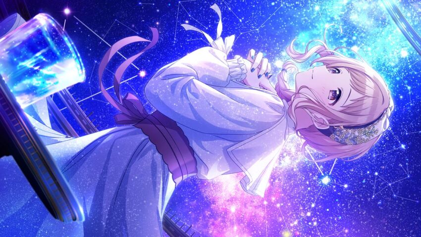 1girl auriga_(constellation) belt blue_nails blush braid brown_eyes brown_hair canis_major_(constellation) constellation dress dutch_angle game_cg glass hands_on_own_chest headband idolmaster idolmaster_shiny_colors leo_minor_(constellation) lepus_(constellation) light_brown_hair long_sleeves lynx_(constellation) medium_hair nail_polish night night_sky official_art orion_(constellation) outdoors ribbon sakuragi_mano side_braid sidelocks sky smile solo star_(sky) star_map starry_sky table taurus_(constellation) ursa_major_(constellation) white_dress