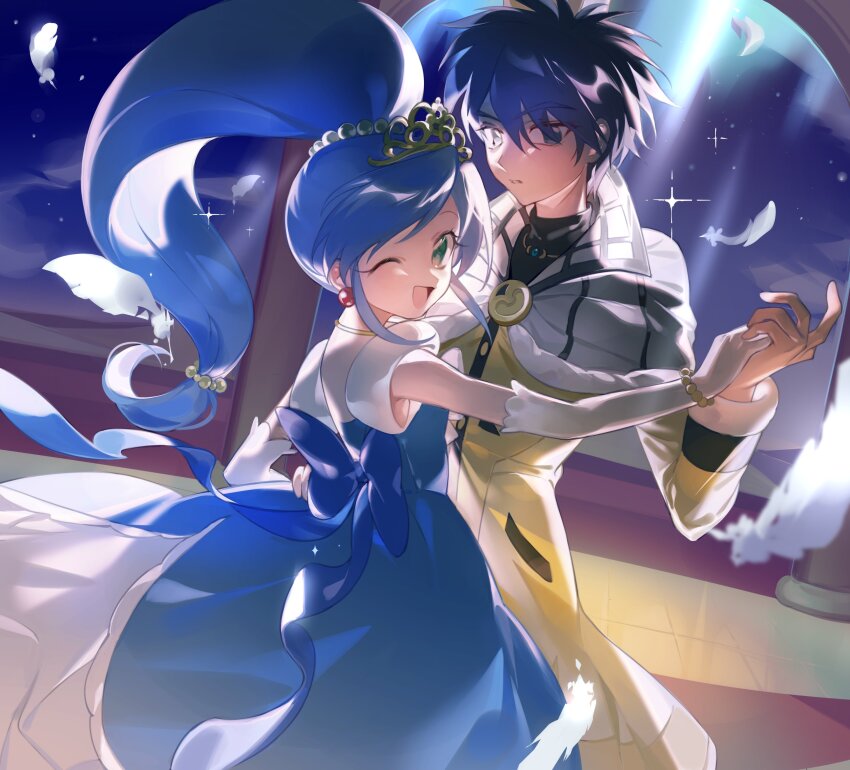 1boy 1girl absurdres aged_up aqua_eyes back_bow bead_bracelet beads black_shirt blue_bow blue_dress blue_hair bow bracelet capelet coat collared_capelet dancing dress earrings elbow_gloves expressionless eyelashes feathers feet_out_of_frame floating_clothes frilled_dress frills fushigiboshi_no_futago_hime gloves gold_choker gold_necklace gold_tiara gown hair_beads hair_between_eyes hair_ornament hand_on_hand happy hetero high_ponytail highres holding_hands indoors jewelry light_rays long_dress long_hair long_sleeves looking_at_viewer low-tied_long_hair moonlight necklace night night_sky one_eye_closed open_mouth parted_lips pillar pocket ponytail princess ravenya0w0 rein_(futagohime) shade_(futagohime) shirt short_sleeves sky smile sparkle sphere_earrings tareme tsurime turtleneck turtleneck_shirt very_long_hair white_capelet white_gloves white_sleeves window yellow_coat