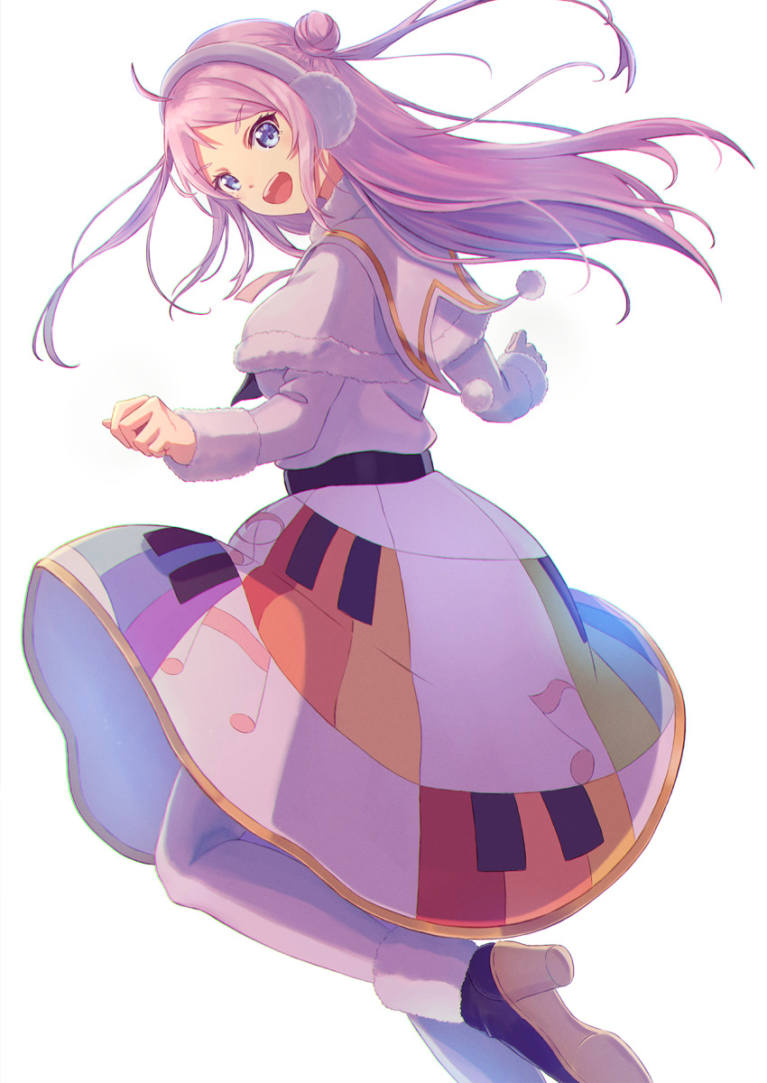 1girl :d ahoge birthday blue_eyes colorful_dreams!_colorful_smiles!_(love_live!) commentary earmuffs girly_running hair_bun highres long_hair long_sleeves looking_at_viewer looking_back love_live! love_live!_nijigasaki_high_school_idol_club macken666 mole mole_under_eye open_mouth pink_hair simple_background single_hair_bun smile solo standing standing_on_one_leg w_arms white_background winter_clothes zhong_lanzhu
