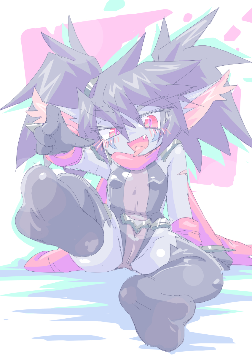 1girl arm_at_side arm_up black_gloves black_hair black_thighhighs colored_skin eyebrows eyelashes facial_mark fang female_focus foot_focus full_body gloves green_background grey_skin index_finger_raised kayo!!_(gotoran) league_of_legends leg_up leotard long_hair long_pointy_ears looking_at_viewer noxus_poppy official_alternate_costume open_mouth outstretched_arm pointy_ears poppy_(league_of_legends) pov red_eyes shortstack simple_background sitting smile smug solo thighhighs tongue tongue_out twintails two-tone_background white_background yordle