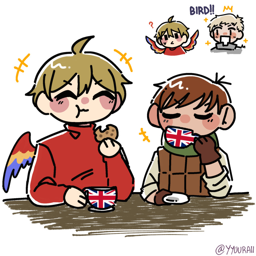 3boys ^_^ ahoge bird_boy bird_wings blonde_hair blush_stickers brown_hair chilchuck_tims closed_eyes commentary crossover cup deformed drinking dungeon_meshi english_commentary english_text grian_(youtuber) hermitcraft highres holding holding_cup laios_touden male_focus minecraft_youtube multiple_boys parrot_boy red_sweater short_hair simple_background smile sweater turtleneck turtleneck_sweater union_jack white_background wings yuu_(yyuuraii)