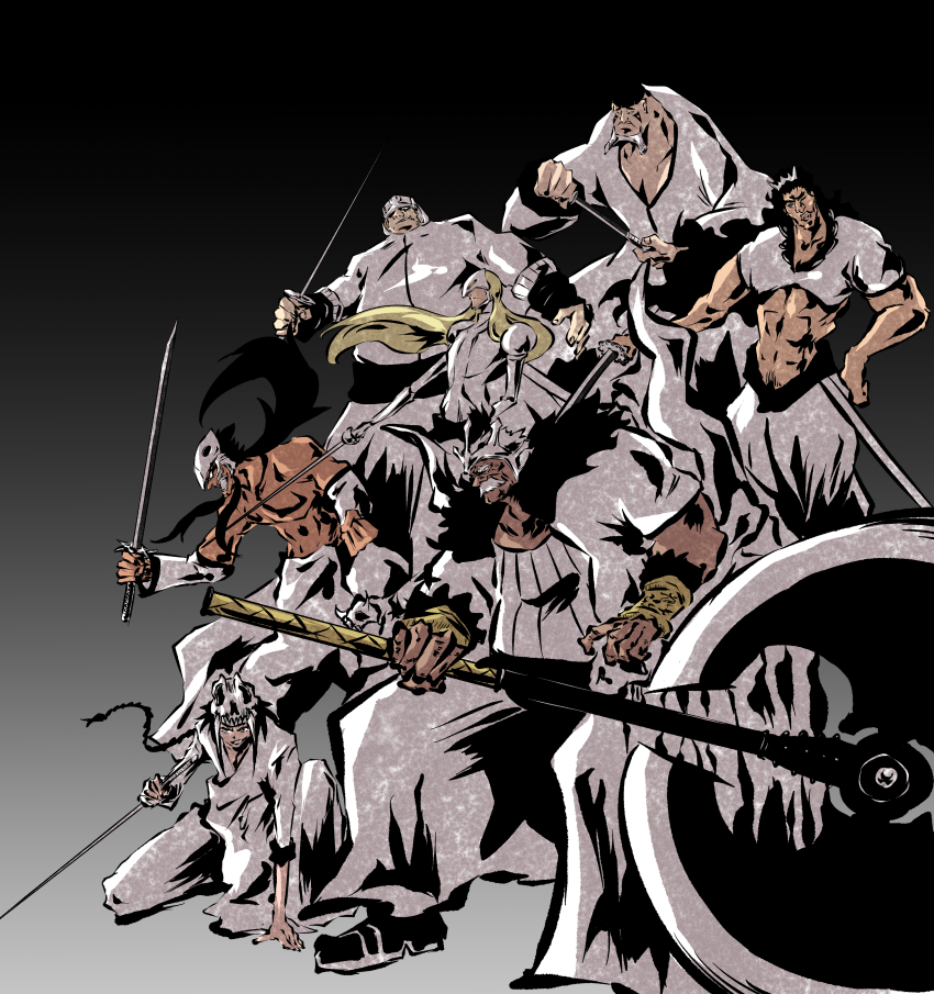6+boys abirama_redder abs absurdres arrancar axe baraggan_louisenbairn black_background black_hair black_socks bleach blonde_hair braid braided_ponytail charlotte_chuhlhourne choe_neng_poww clenched_hand closed_mouth commentary crop_top crown dark-skinned_male dark_skin facial_hair fighting_stance findorr_calius floating_hair full_body ggio_vega gradient_background grin hair_ornament hand_on_own_hip highres holding holding_axe holding_sword holding_weapon katana ken_hollow kneeling long_hair long_sleeves looking_afar low_ponytail manly mask multiple_boys muscular muscular_male mustache nirgge_parduoc old old_man one_eye_closed open_mouth pants ponytail rapier shirt short_hair short_sleeves simple_background skull_hair_ornament smile socks standing sword topless_male very_long_hair weapon white_hair white_pants white_shirt