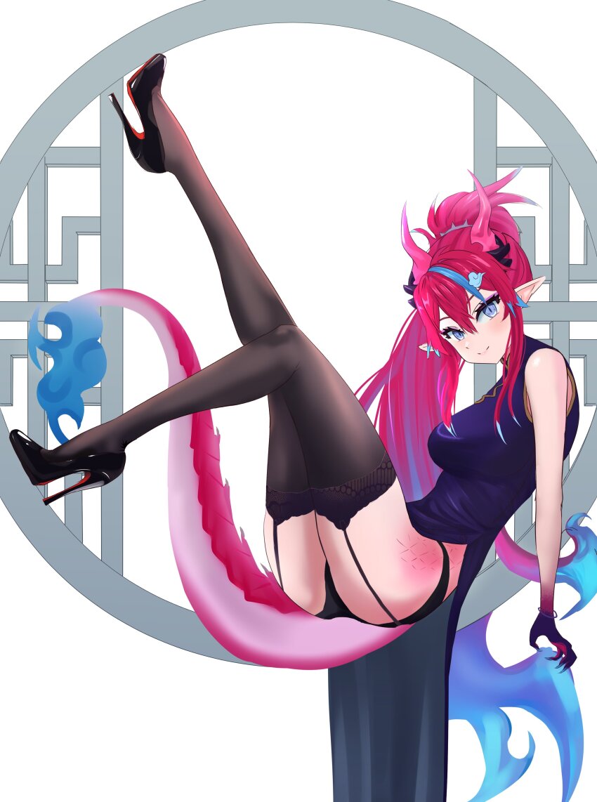 1girl absurdres arms_at_sides bare_arms bare_shoulders black_panties black_shoes black_thighhighs blue_dress blue_eyes blue_hair blush breasts china_dress chinese_clothes claws closed_mouth clothing_aside dangling_arms dot_nose dragon_girl dragon_horns dragon_tail dress dress_aside estebaneishon1 eyebrows eyelashes eyeshadow female_focus from_side full_body garter_straps high_heels highres horns chromashift kai_saikota knee_up large_breasts leg_up lipstick long_hair looking_at_viewer looking_to_the_side makeup multicolored_hair panties patent_heels pointy_ears ponytail pumps red_eyeshadow red_hair red_horns red_scales red_soles scales shiny_skin shoes simple_background smile solo stiletto_heels streaked_hair tail thighhighs two-tone_hair underwear virtual_youtuber white_background