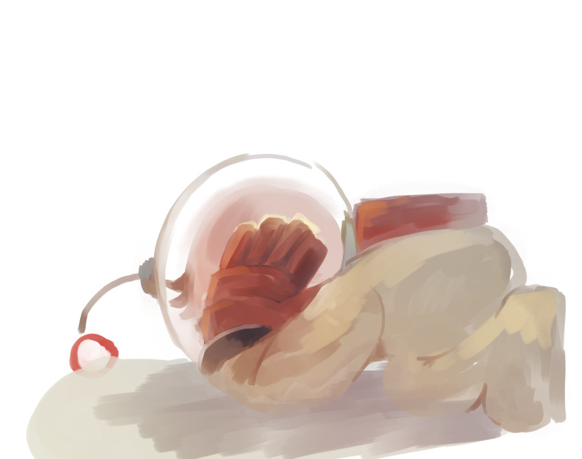 1boy absurdres all_fours backpack bag brown_hair commentary_request full_body gloves hands_on_own_head helmet highres iat-418 male_focus nintendo olimar pikmin_(series) radio_antenna red_bag red_gloves shadow short_hair simple_background solo space_helmet spacesuit very_short_hair white_background