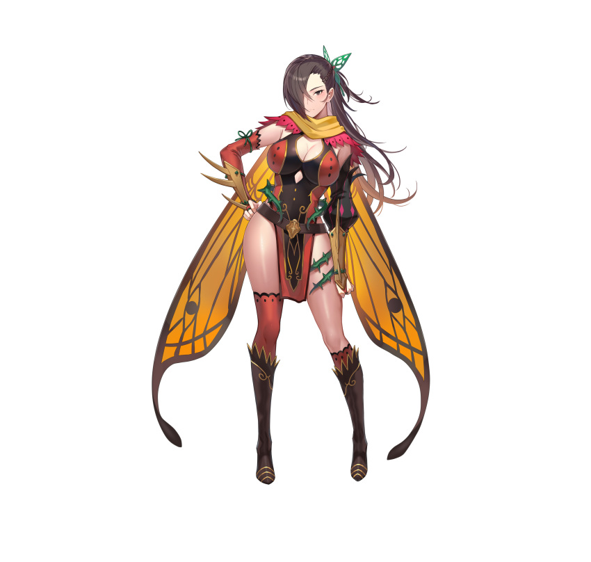 1girl absurdres alternate_costume armor asymmetrical_legwear belt boots breasts brown_eyes brown_hair cape cleavage closed_mouth commentary dress female_focus fire_emblem fire_emblem_fates fire_emblem_heroes full_body hair_ornament hair_over_one_eye hand_on_own_hip highres kagero_(fire_emblem) kagero_(resplendent)_(fire_emblem) kakage knee_boots large_breasts long_hair looking_at_viewer matching_hair/eyes nintendo pelvic_curtain shiny_skin short_dress simple_background single_thighhigh solo standing thighhighs thighs thorns white_background