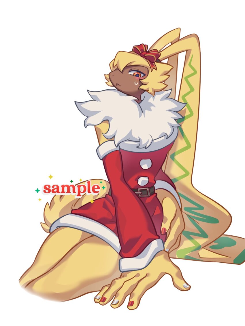 belt christmas digimon digimon_(creature) long_ears looking_at_viewer nail_polish solo symbareangoramon