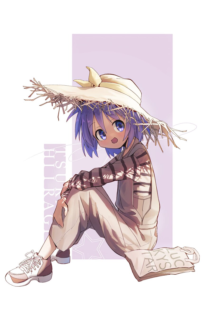 1girl absurdres ap04astral bag blue_eyes border character_name dress_shirt hat highres hiiragi_tsukasa lucky_star open_mouth overalls paper_bag purple_hair shirt shoes short_hair smile sneakers straw_hat striped_clothes striped_shirt