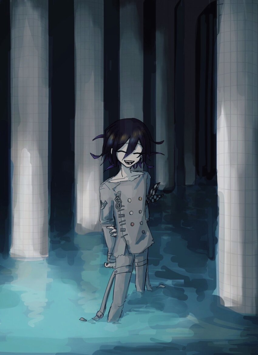 1boy arm_belt arms_behind_back black_hair buttons checkered_clothes checkered_scarf closed_eyes collarbone commentary danganronpa_(series) danganronpa_v3:_killing_harmony dark flipped_hair hair_between_eyes highres horror_(theme) liminal_space long_sleeves looking_at_viewer male_focus medium_hair oma_kokichi open_mouth pale_skin pants partially_submerged pillar purple_hair scarf seng_(nnnmi05) shirt smile solo standing teeth thigh_strap two-tone_scarf water