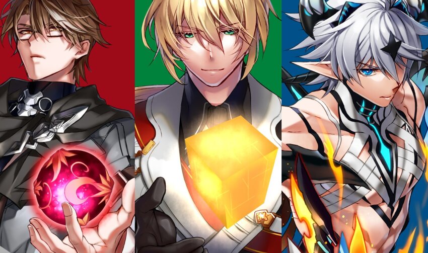3boys alternate_form black_gloves blue_eyes brown_hair closed_mouth kevin_kaslana_(diabolic) glasses gloves green_eyes hair_between_eyes hair_ornament holding holding_sword holding_weapon honkai_(series) honkai_impact_3rd horns kaneaki_mukku kevin_kaslana male_focus multiple_boys open_hand orb otto_apocalypse pointy_ears short_hair simple_background star_(symbol) star_hair_ornament sword upper_body weapon welt_yang white_hair