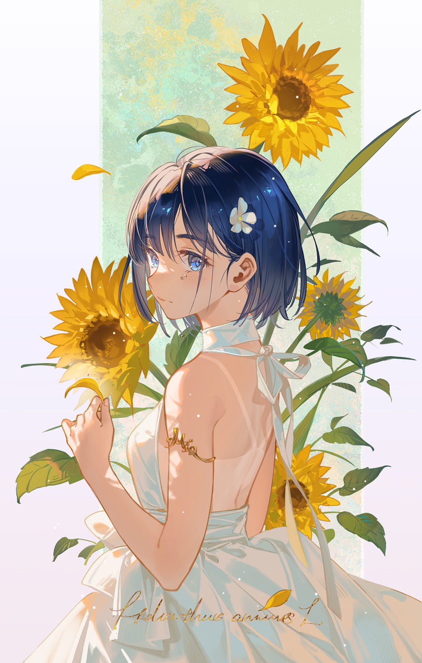 1girl backless_dress backless_outfit bare_shoulders blue_eyes blue_hair closed_mouth commentary dress flower from_side hair_flower hair_ornament highres kofune_mio leaf light_blush short_hair solo summertime_render sunflower tan tanline tears tidsean upper_body white_dress yellow_flower