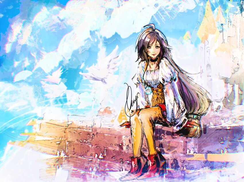 1girl atelier_saya bird black_choker bodysuit boots breasts brick_wall brown_eyes brown_hair castle choker closed_mouth final_fantasy final_fantasy_ix full_body garnet_til_alexandros_xvii gloves hair_ornament hairclip highres light_smile long_hair long_sleeves low-tied_long_hair medium_breasts orange_bodysuit puffy_long_sleeves puffy_sleeves red_boots red_gloves shirt signature sitting sketch solo thigh_strap white_bird white_shirt