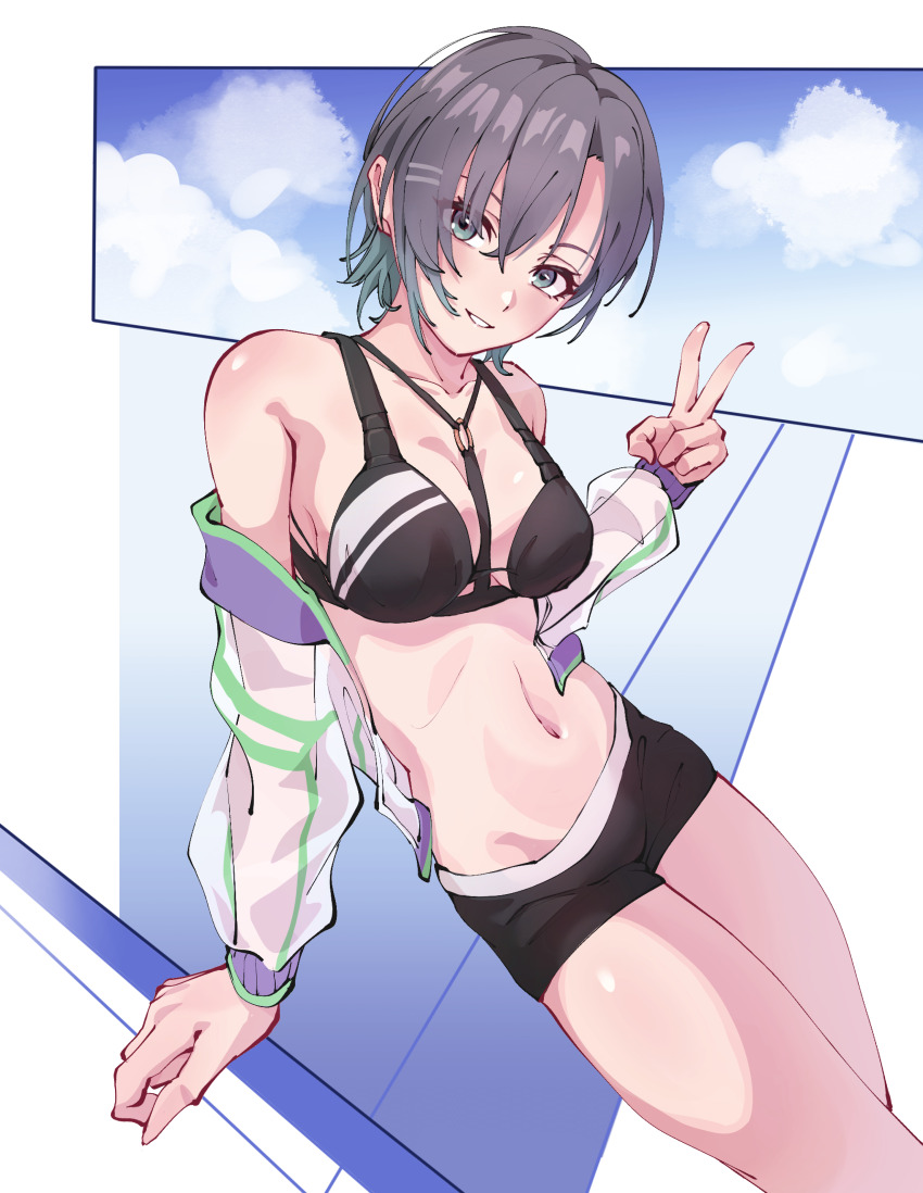 1girl absurdres ahoge aqua_hair asakura_toru bare_shoulders bikini bikini_shorts black_bikini black_shorts blue_eyes breasts chinese_commentary cleavage collarbone colored_tips commentary_request cowboy_shot cropped_jacket crossed_bangs gradient_hair groin hair_between_eyes hair_ornament hairclip highres idolmaster idolmaster_shiny_colors jacket large_breasts long_sleeves looking_at_viewer lowleg lowleg_shorts midriff multicolored_hair navel off_shoulder open_clothes open_jacket parted_lips poanpan purple_hair see-through_clothes see-through_jacket short_hair short_shorts shorts sidelocks smile solo standing swimsuit v x_hair_ornament