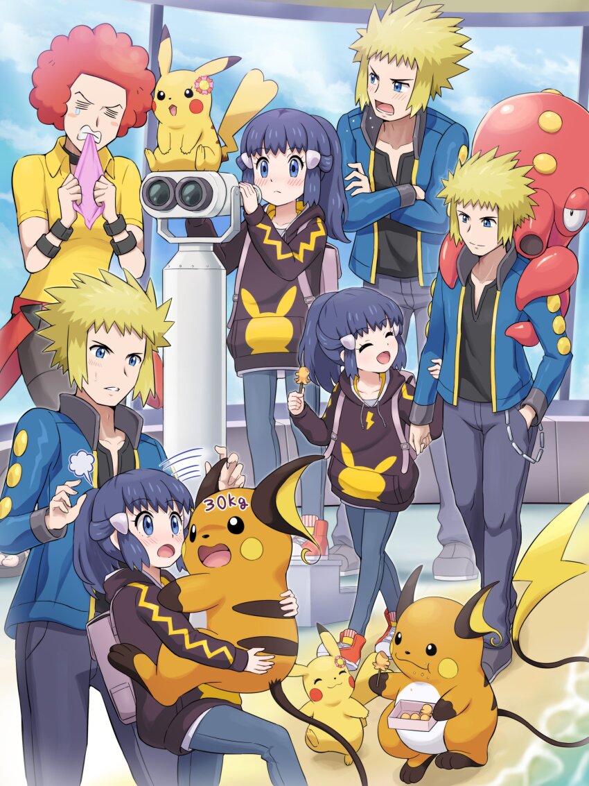 1girl 2boys absurdres afro black_hair black_shirt blonde_hair blue_eyes blue_jacket blush choker closed_mouth collared_shirt dawn_(pokemon) evolutionary_line flint_(pokemon) gen_1_pokemon gen_2_pokemon hair_ornament hairclip highres holding hood hoodie jacket long_hair long_sleeves multiple_boys nintendo octillery octopus open_clothes open_mouth pants pikachu pokemoa pokemon pokemon_(creature) pokemon_bdsp raichu red_hair shirt short_hair smile spiked_hair tentacles volkner_(pokemon) yellow_shirt