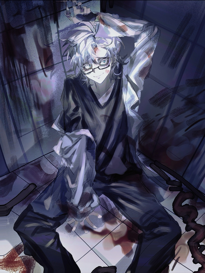 1boy absurdres black_pants black_shirt blood blood_on_clothes blood_on_face blood_on_ground blood_on_wall blue_eyes chinese_commentary closed_mouth colored_eyelashes commentary_request glasses highres indoors kanou_aogu lab_coat long_sleeves male_focus moyu_shuang off_shoulder open_clothes pale_skin pants rectangular_eyewear saibou_shinkyoku shirt short_hair sitting smile solo white_hair