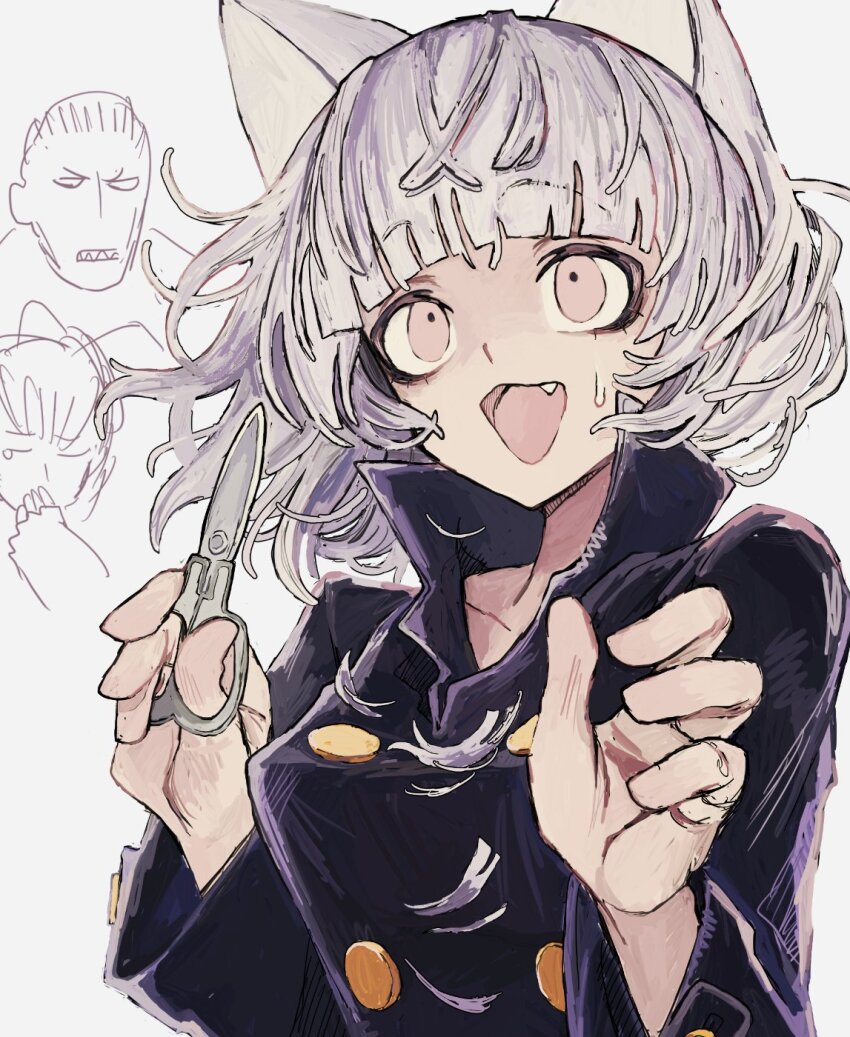 1girl 2boys animal_ears black_jacket blunt_bangs breasts buttons cat_ears cat_girl commentary cutting_hair cutting_own_hair failure fang fewer_digits floating_hair hands_up highres holding holding_scissors hunter_x_hunter jacket long_sleeves looking_up maikeru_(dk_maikel) medium_breasts medium_hair menthuthuyoupi multiple_boys neferpitou nervous_smile open_mouth pink_eyes popped_collar scissors shaiapouf simple_background sketch_inset small_sweatdrop smile solo_focus upper_body white_background white_hair