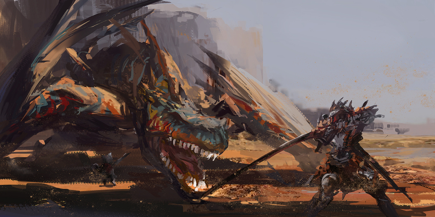 1boy armor battle desert dragon felyne fighting_stance full_armor full_body holding holding_sword holding_weapon jaw long_sword monster_hunter_(series) rathalos_(armor) sharp_teeth stu_dts sword teeth tigrex weapon wings wyvern