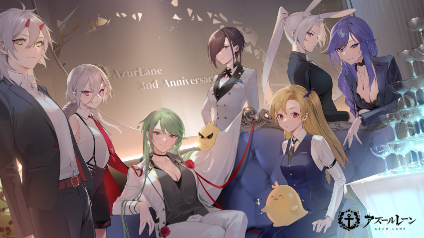 6+girls animal_ears ark_royal_(azur_lane) azur_lane belt biloxi_(azur_lane) biloxi_(empress_in_the_silk_seat)_(azur_lane) blonde_hair blue_eyes blue_vest breasts brown_hair buckle character_request cleveland_(azur_lane) cleveland_(gentry_knight)_(azur_lane) collared_shirt cup drinking_glass expressionless green_hair grin hair_over_one_eye hair_ribbon half-closed_eyes highres hiryuu_(azur_lane) jacket kinu_(azur_lane) large_breasts littorio_(azur_lane) long_hair long_sleeves looking_at_viewer manjuu_(azur_lane) medium_breasts multiple_girls necktie ohisashiburi one_side_up open_clothes open_jacket pants pink_eyes purple_hair rabbit_ears red_eyes ribbon shirt short_hair shorts sitting sleeveless sleeveless_shirt small_breasts smile suspender_shorts suspenders very_long_hair vest white_hair white_shirt z1_leberecht_maass_(&quot;rebellious&quot;_top_student)_(azur_lane) z1_leberecht_maass_(azur_lane)