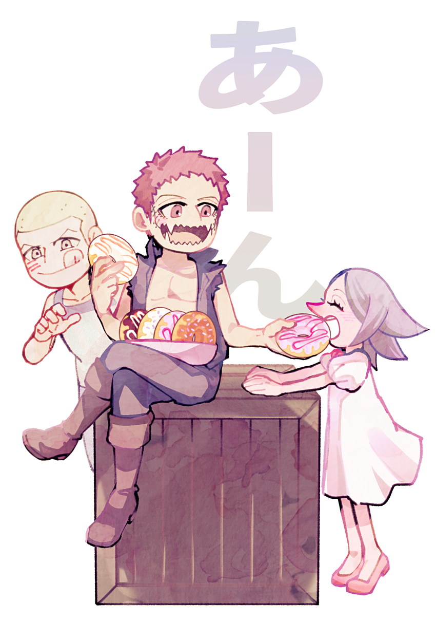 1girl 2boys aged_down box brother_and_sister buzz_cut charlotte_brulee charlotte_daifuku charlotte_katakuri child crossed_legs donut dress feeding food from_side full_body happy highres multiple_boys one_piece pointy_nose purple_hair rsk_rasukuman sharp_teeth short_hair siblings simple_background sitting smile standing stitched_mouth stitches teeth text_background tiptoes v-shaped_eyebrows very_short_hair vest white_background white_dress