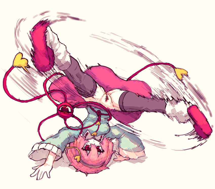 bar_censor black_thighhighs breakdance buttons censored hair_ornament headstand heart heart_button heart_hair_ornament highres komeiji_satori no_panties pink_hair pussy rampa93 thighhighs third_eye touhou upside-down upskirt